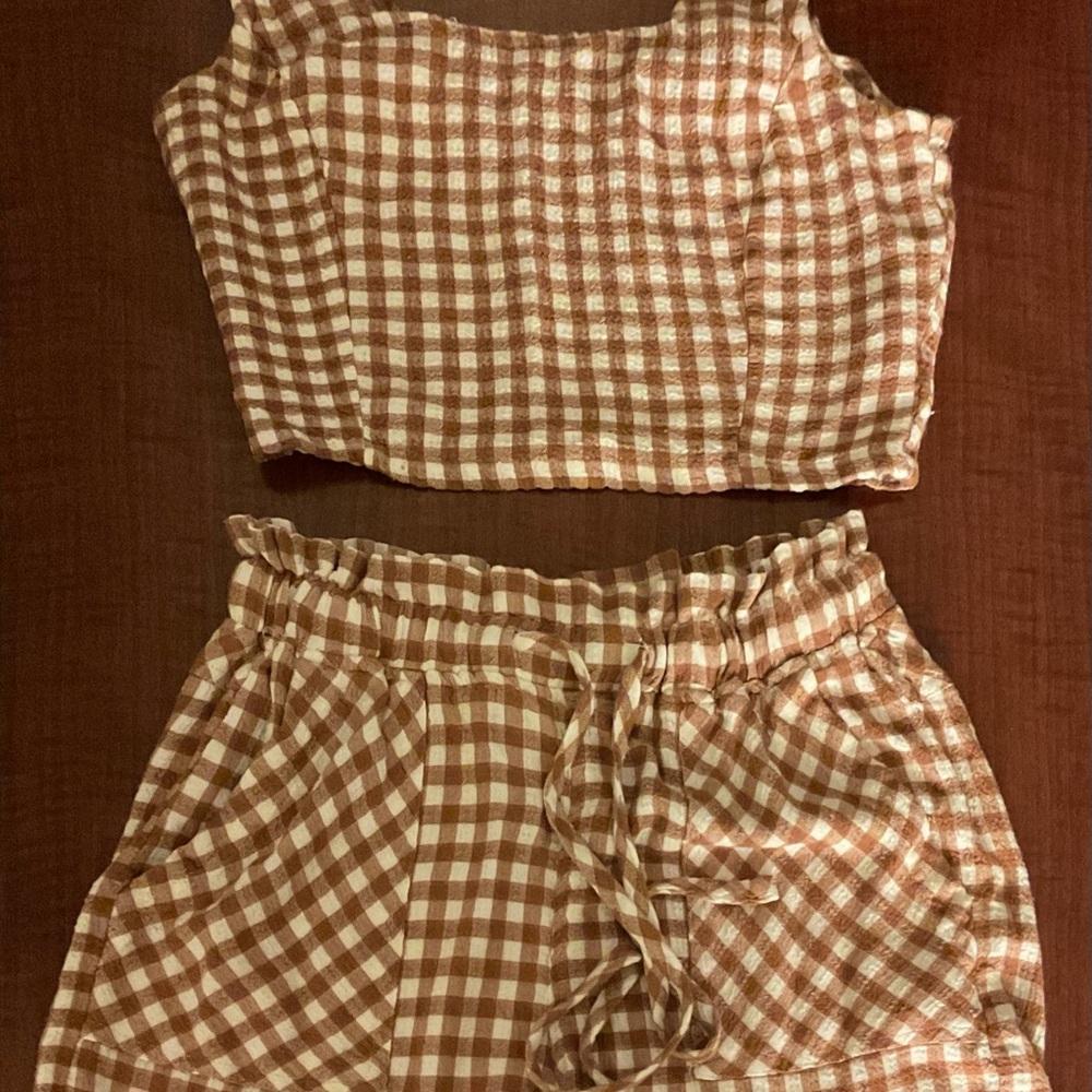 Brown Gingham Crop Top and Shorts Set